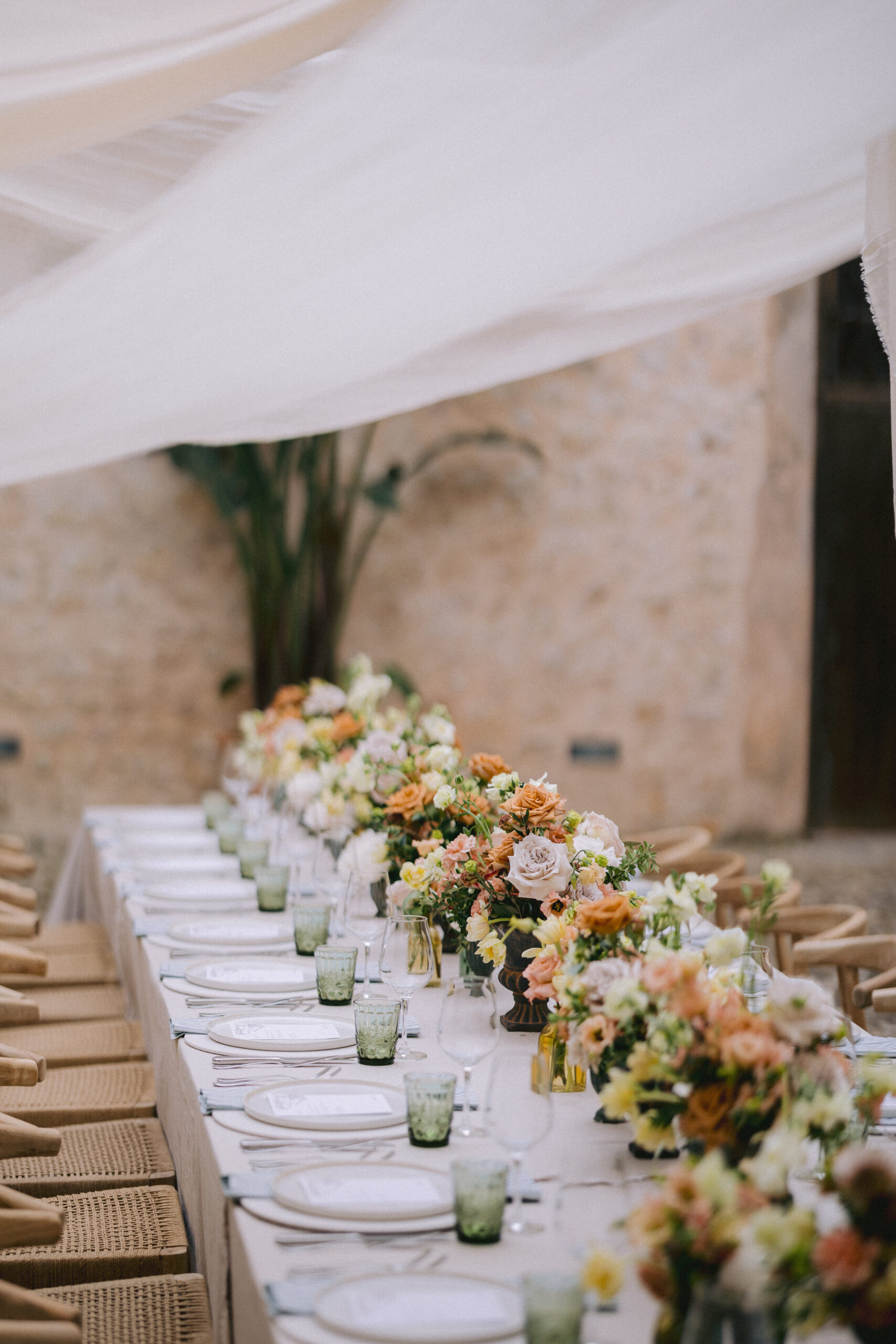 Finca Morneta Wedding Mallorca Ross Hurley Photography Table Flowers Runner Terracotta Orange Blush White Decor Centrepiece