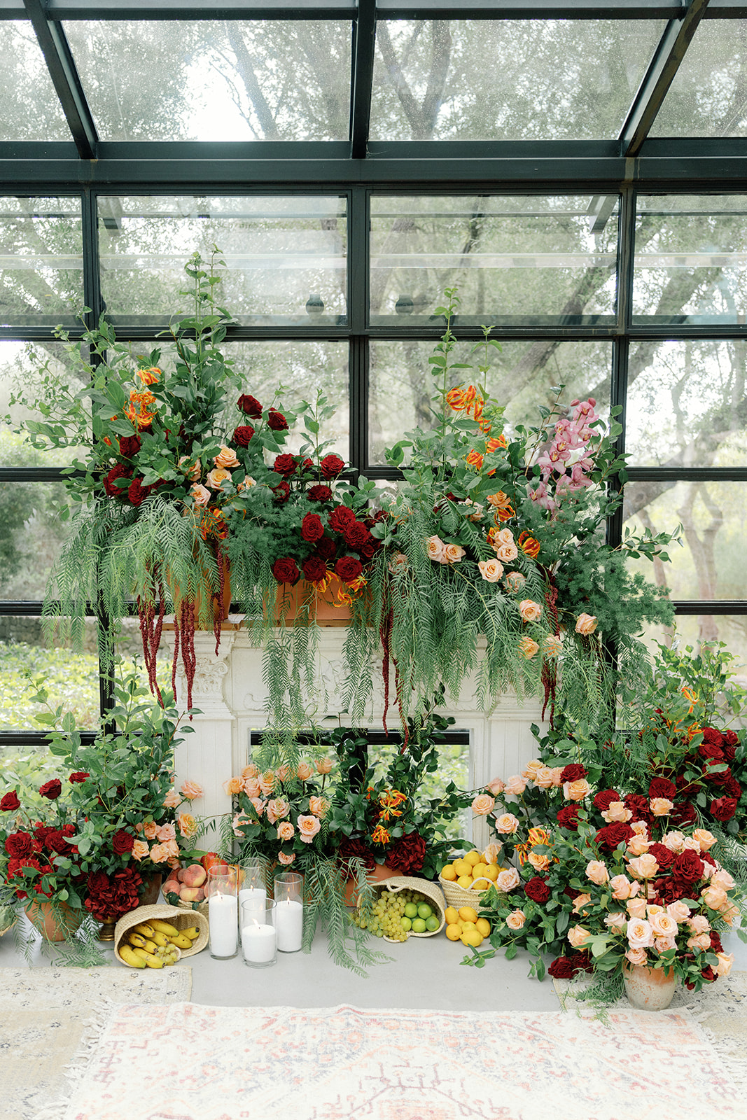 Rose Greenery Fruit Fireplace Arrangement Decor Finca Serena Mallorca Wedding Pablo Laguia