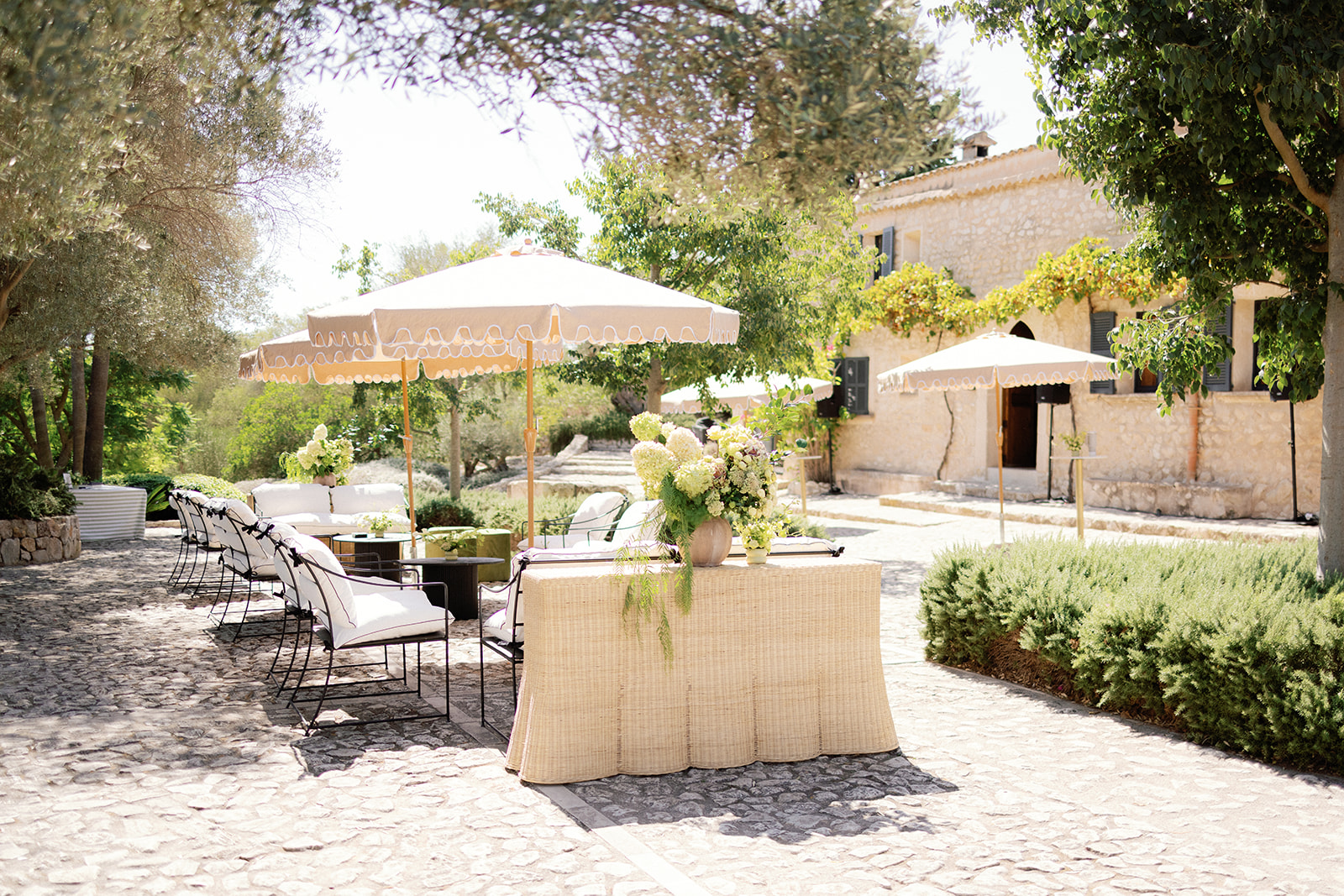 Tables Chairs Parasols Courtyard Finca Serena Mallorca Wedding Pablo Laguia
