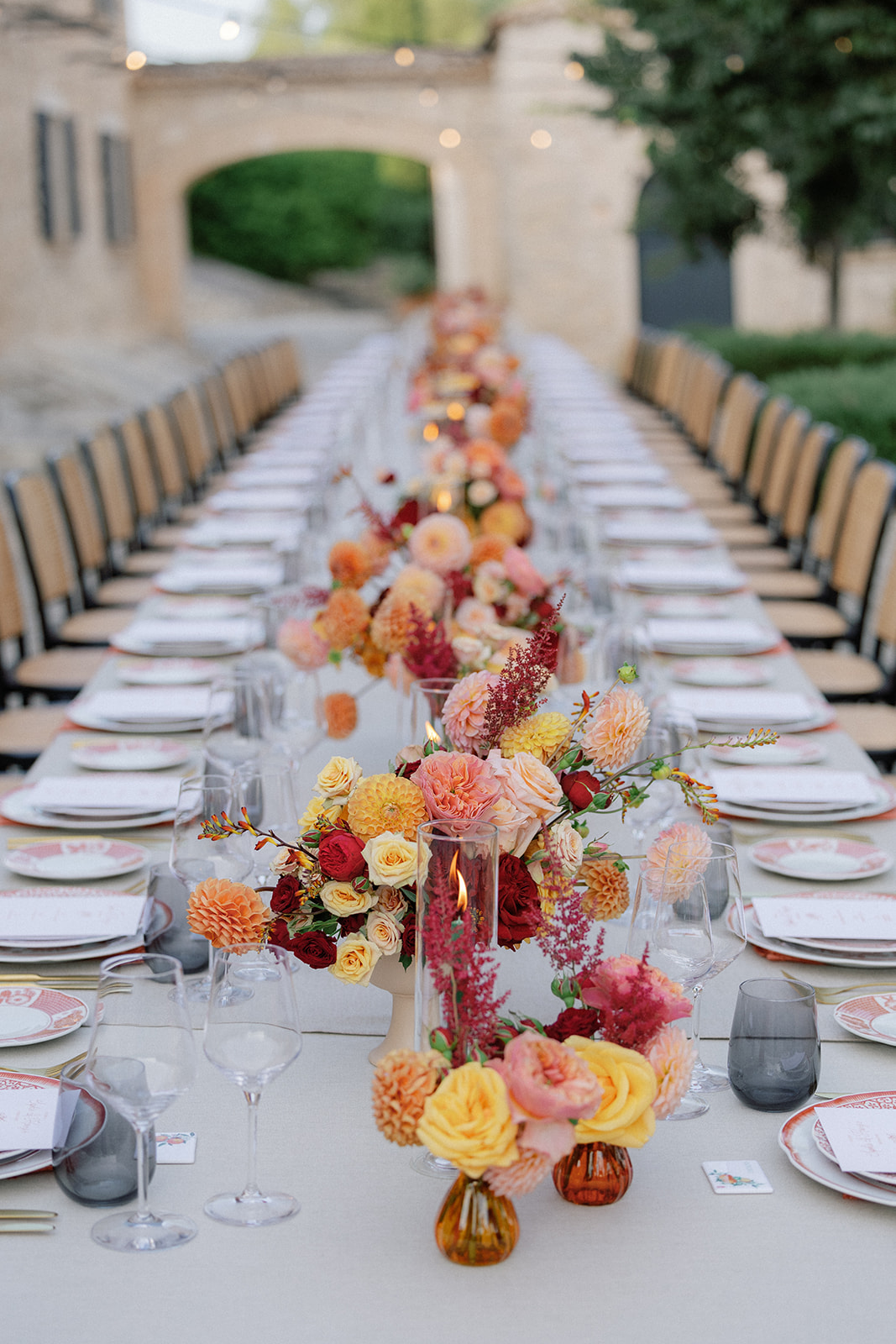 Orange Pink Blush Low Table Flowers Glass Hurricane Candles Finca Serena Mallorca Wedding Pablo Laguia
