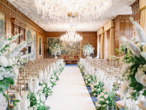 Ceremony florals at North Mymms park, aisle meadow runners and impressive urns of roses, hydrangeas and delphiniums