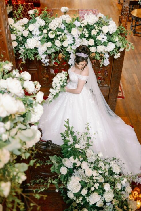 Romantic Greek London wedding staircase floral design by Paula Rooney