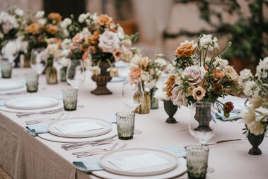 Floral bouquets on wedding table in Mallorca