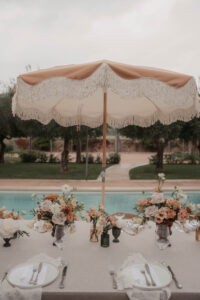 Finca Morneta Wedding Mallorca Charlotte Nelson Photography Pool Table Parasols Floor Flowers Terracotta