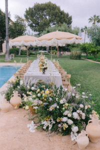 Finca Morneta Wedding Mallorca Ross Hurley Photography Floor Flowers Table Decor Organic Wild Natural Parasols