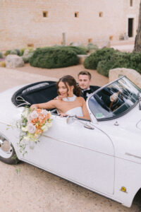 Finca Morneta Wedding Mallorca Ross Hurley Photography Bride Groom Convertible Car Bouquet