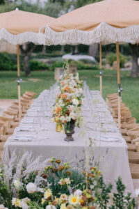 Finca Morneta Wedding Mallorca Ross Hurley Photography Table Flowers Runner Terracotta Orange Blush White Decor Centrepiece Parasols