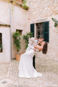 Finca Morneta Wedding Mallorca Ross Hurley Photography Bride Groom Dip Kiss Courtyard