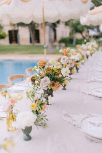 Finca Morneta Wedding Mallorca Ross Hurley Photography Table Flowers Runner Terracotta Orange Blush White Decor Centrepiece