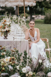 Finca Morneta Wedding Mallorca (c)Liz Greenhalgh Photography Outdoor Table Parasol Floor Flowers Terracotta Orange Cream Blush Pink