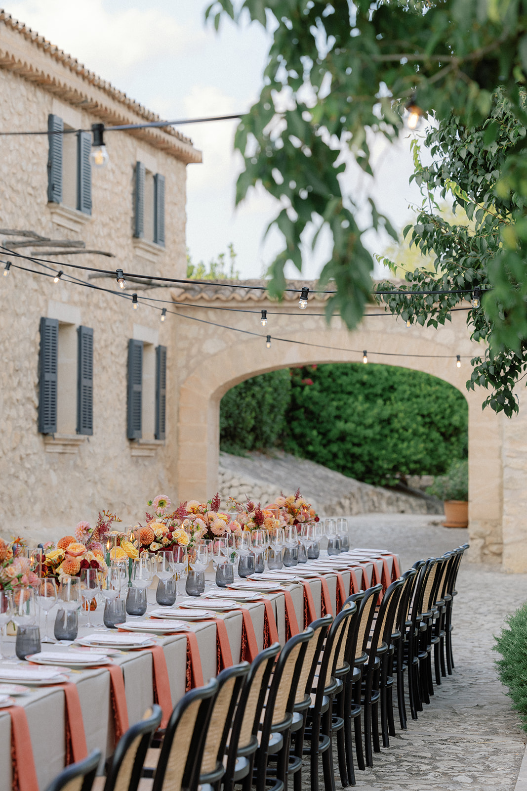 Long Outdoor Table Flowers Festoon Lights Finca Serena Mallorca Wedding Pablo Laguia