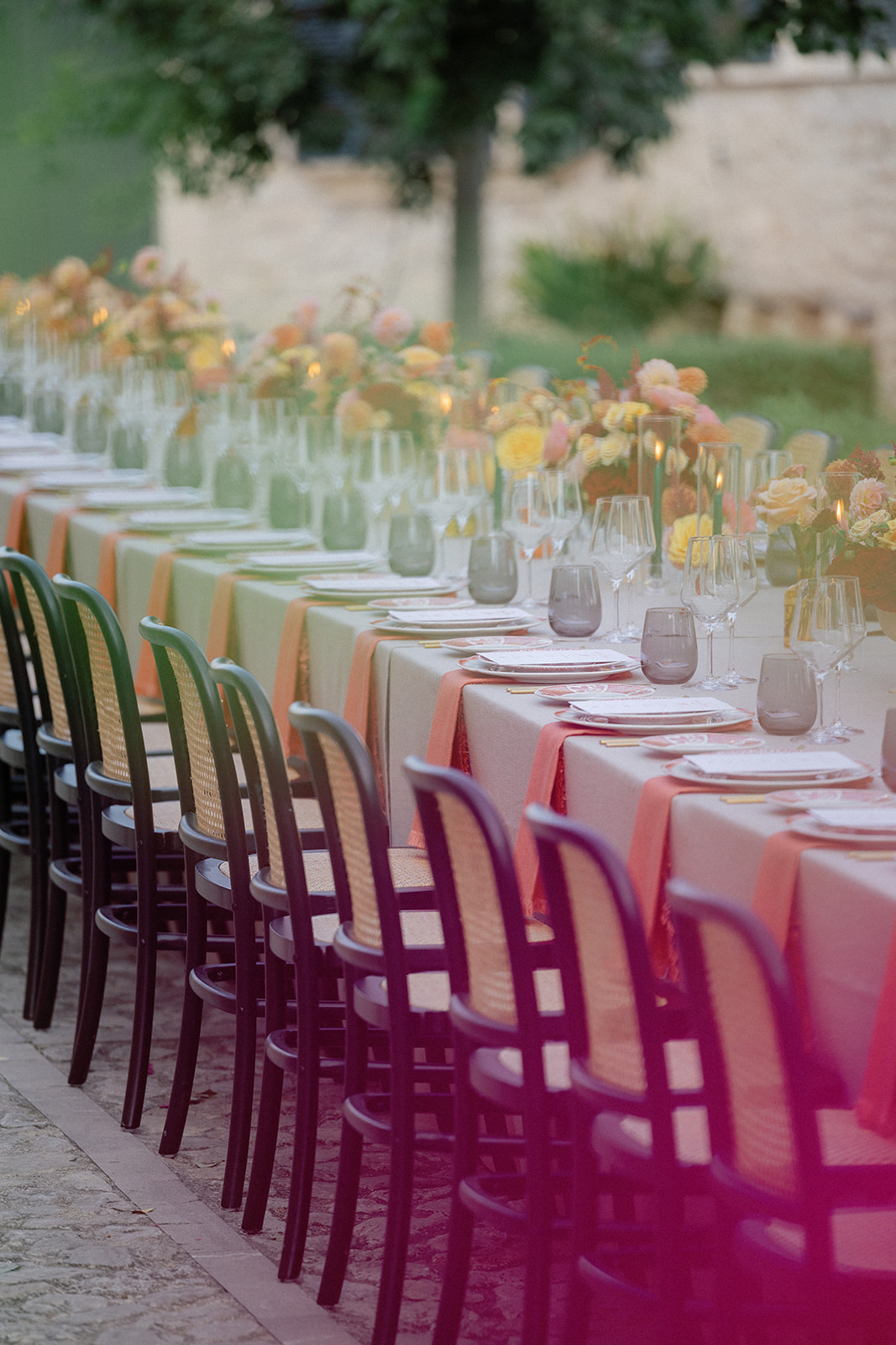 Orange Pink Blush Low Table Flowers Napkins Glass Hurricane Candles Wooden Chairs Finca Serena Mallorca Wedding Pablo Laguia