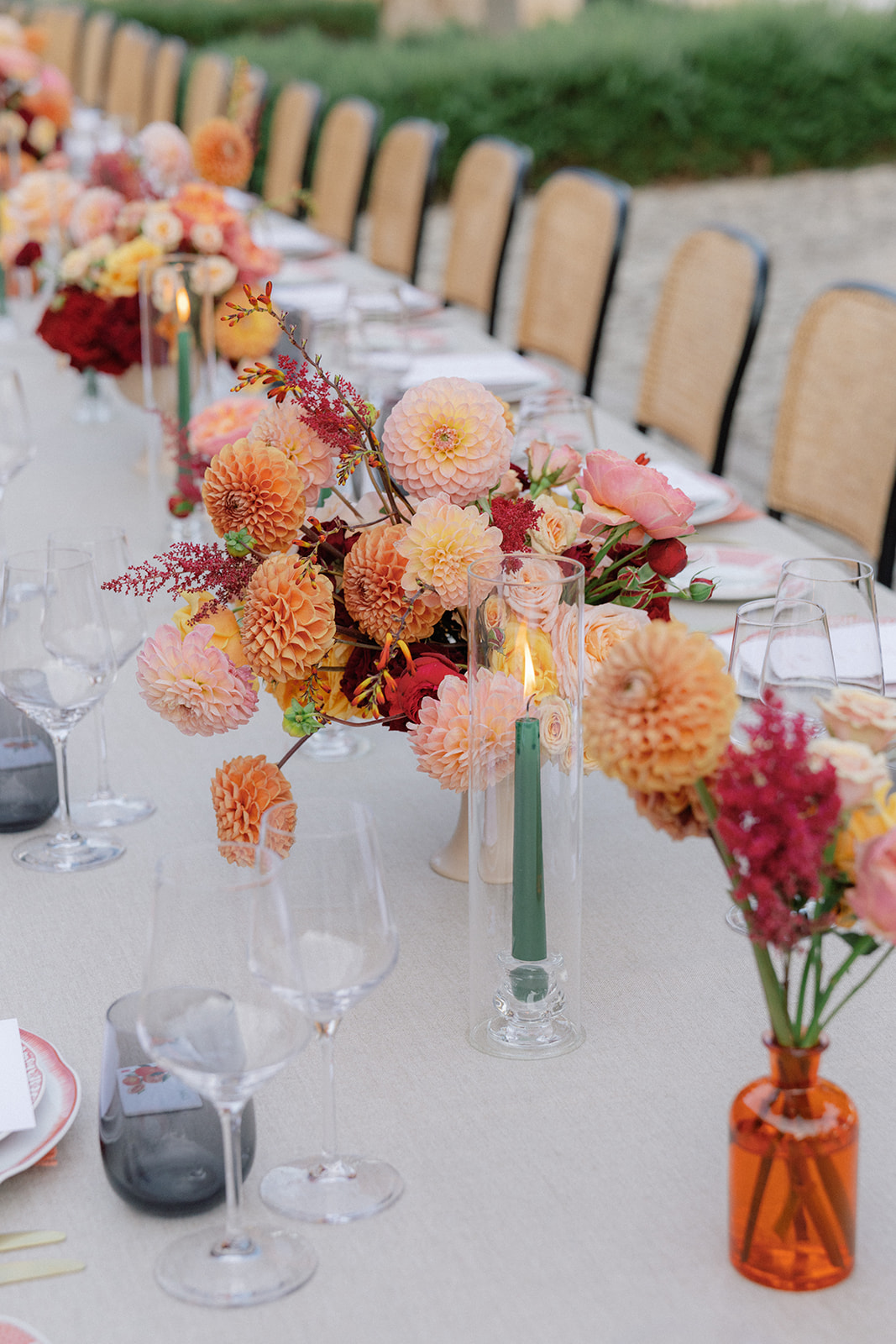 Orange Pink Blush Low Table Flowers Napkins Glass Hurricane Candles Finca Serena Mallorca Wedding Pablo Laguia