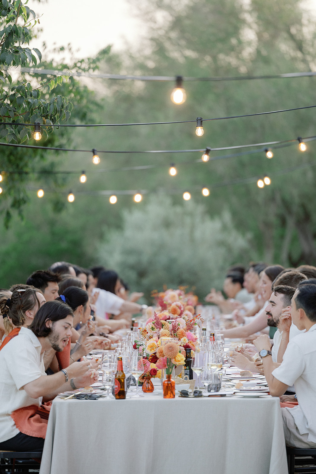 Long Outdoor Table Flowers Festoon Lights Finca Serena Mallorca Wedding Pablo Laguia