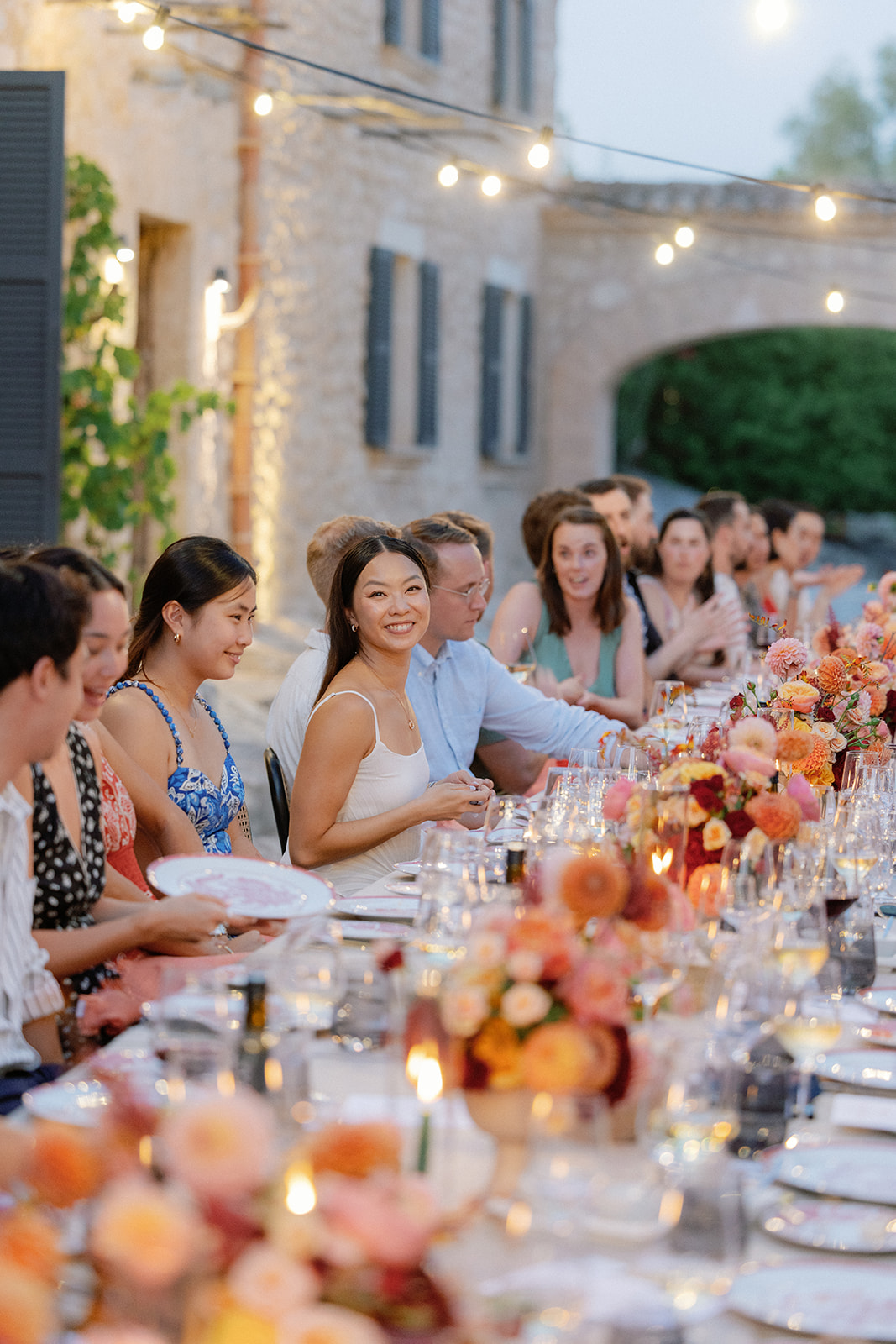 Long Outdoor Table Flowers Festoon Lights Finca Serena Mallorca Wedding Pablo Laguia